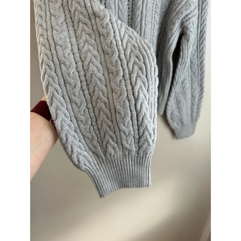 Aeropostale Cable Knit Cardigan Women M Grey EUC Reversible Bow‎ Tie Front 1278